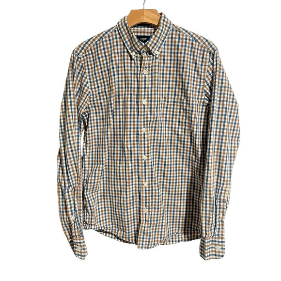 J. Crew Button Up Shirt Men's Size M Brown Blue Gingham Check Long Sleeve Casual - Picture 1 of 8